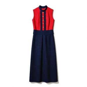 Vintage 70s Bayberry Prairie Maxi Dress Pin Dot Polka Ruffle Americana Red Blue